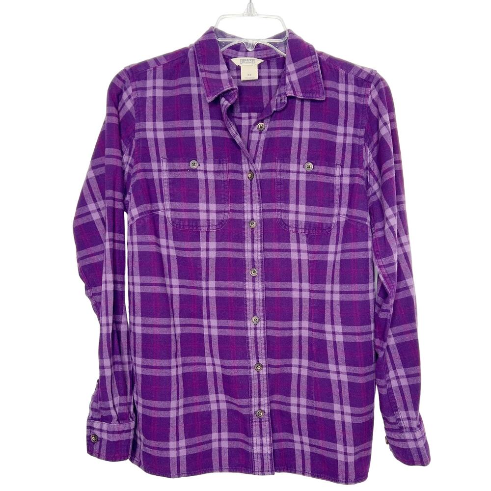 DULUTH TRADING CO Plaid Button-Up Long Sleeve Shirt Flannel Cotton Purple Sz XS
